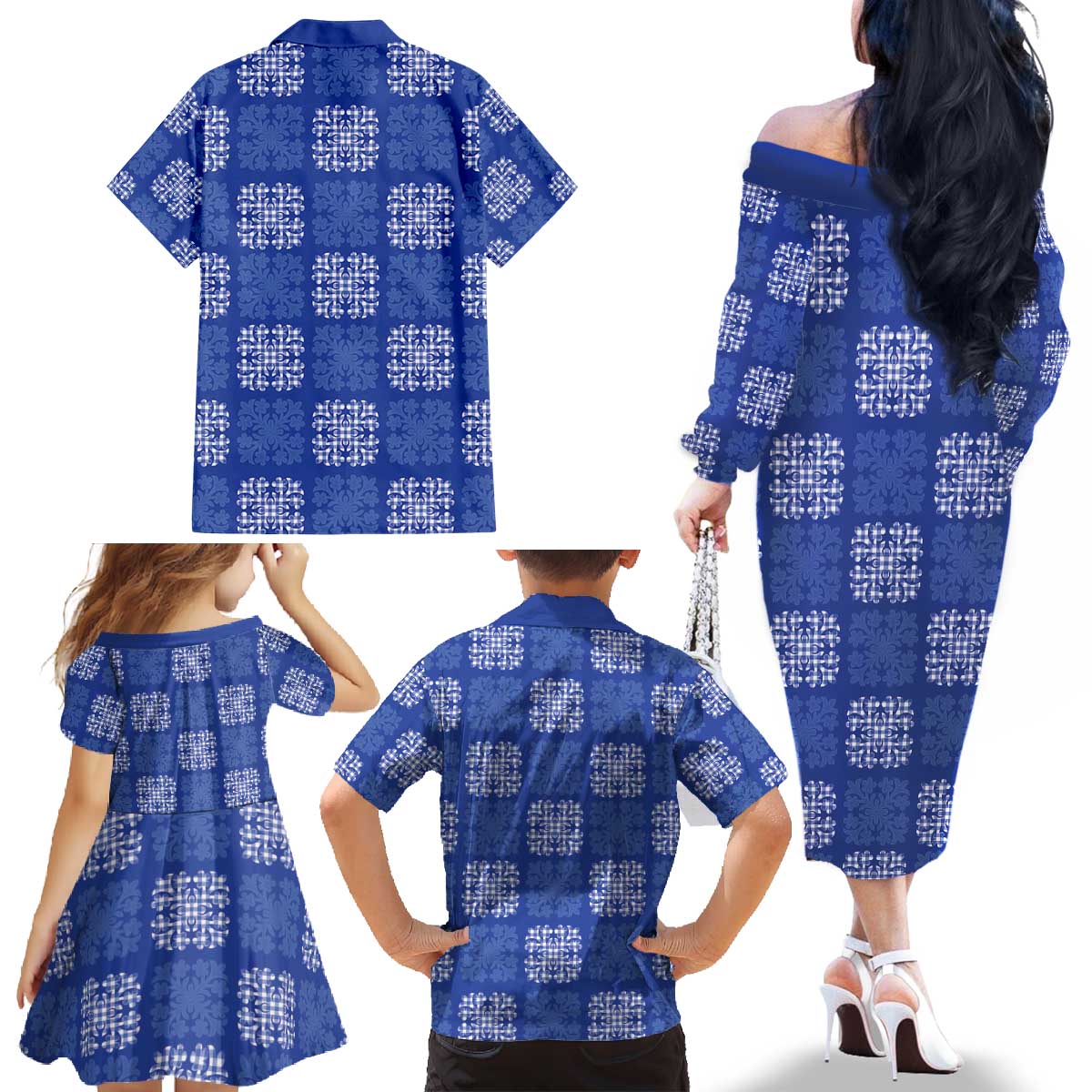 Royal Blue Palaka Quilt Hawaii Family Matching Off The Shoulder Long Sleeve Dress and Hawaiian Shirt Traditional Hawaii-plaid Pattern - Polynesian Pride