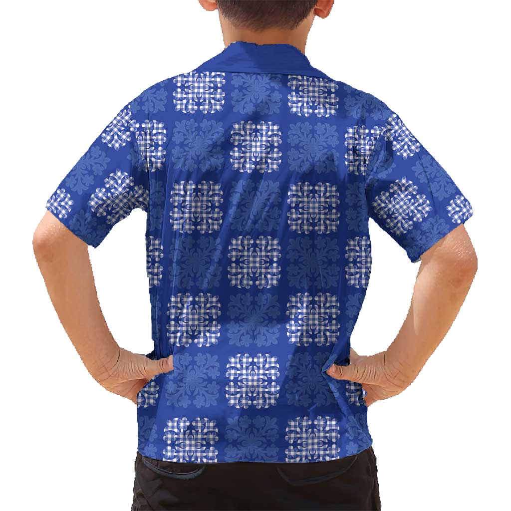 Royal Blue Palaka Quilt Hawaii Family Matching Off Shoulder Short Dress and Hawaiian Shirt Traditional Hawaii-plaid Pattern - Polynesian Pride
