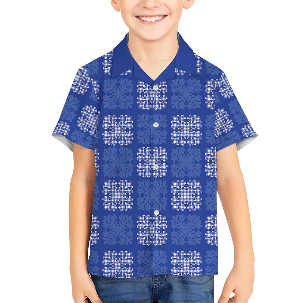 Royal Blue Palaka Quilt Hawaii Family Matching Short Sleeve Bodycon Dress and Hawaiian Shirt Traditional Hawaii-plaid Pattern - Polynesian Pride
