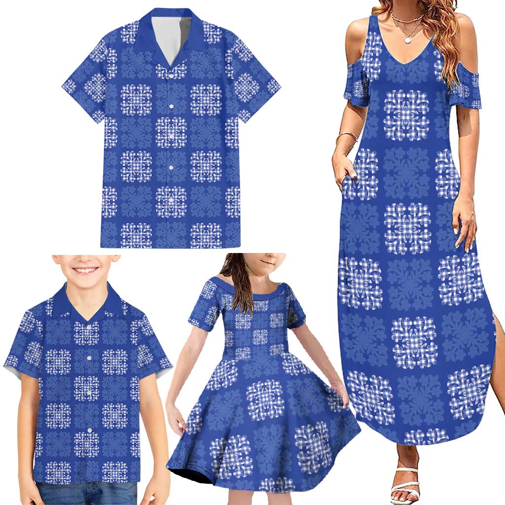 Royal Blue Palaka Quilt Hawaii Family Matching Summer Maxi Dress and Hawaiian Shirt Traditional Hawaii-plaid Pattern - Polynesian Pride