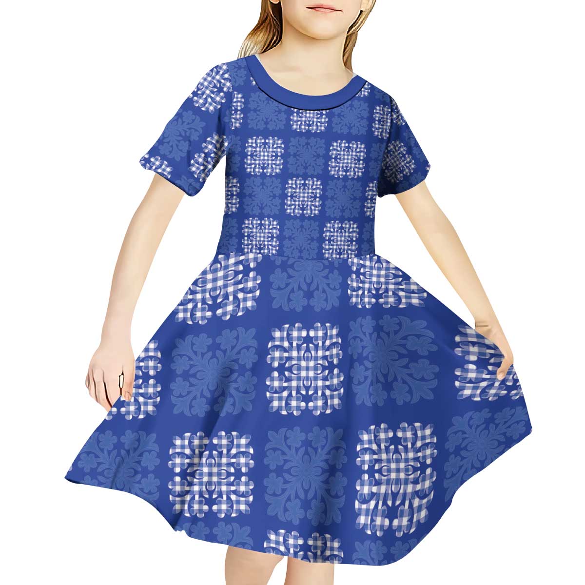 Royal Blue Palaka Quilt Hawaii Kid Short Sleeve Dress Traditional Hawaii-plaid Pattern - Polynesian Pride