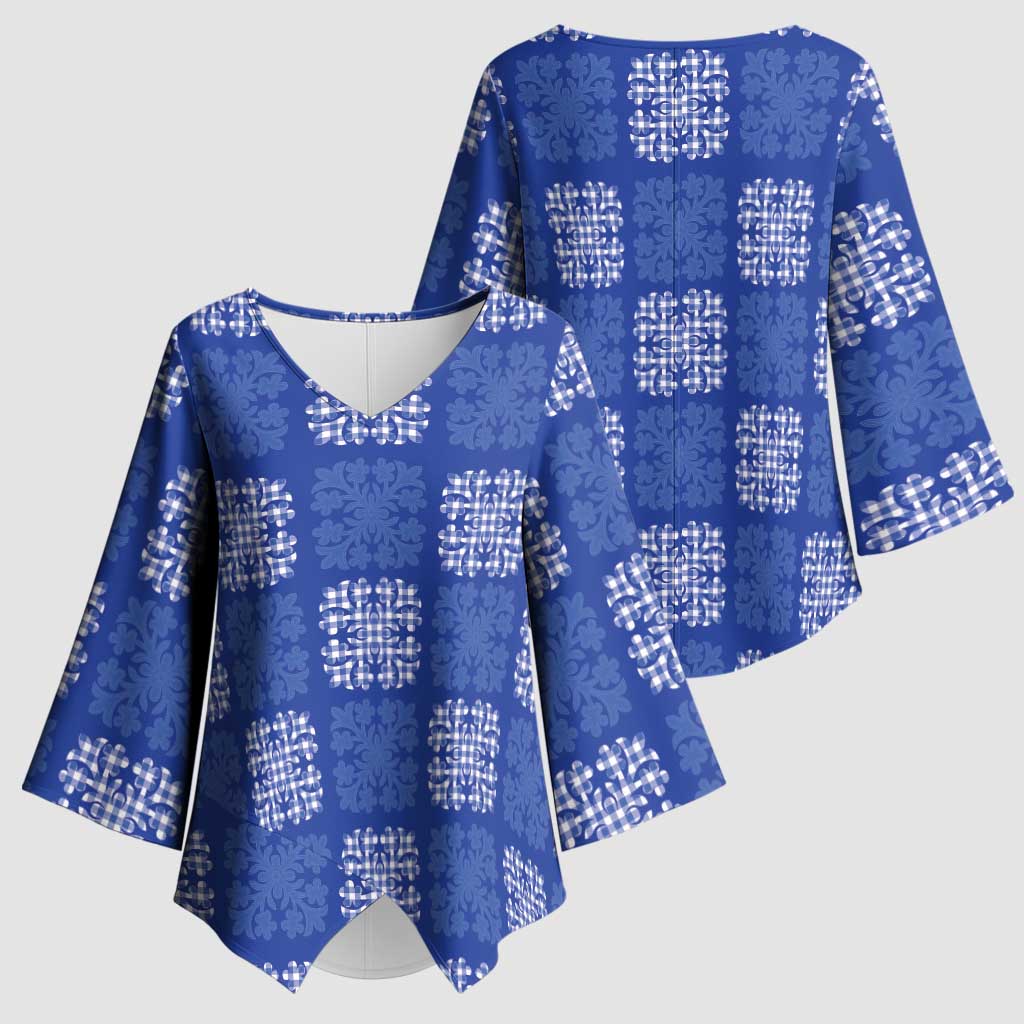 Royal Blue Palaka Quilt Hawaii Kimono Sleeve Blouse Traditional Hawaii-plaid Pattern - Polynesian Pride