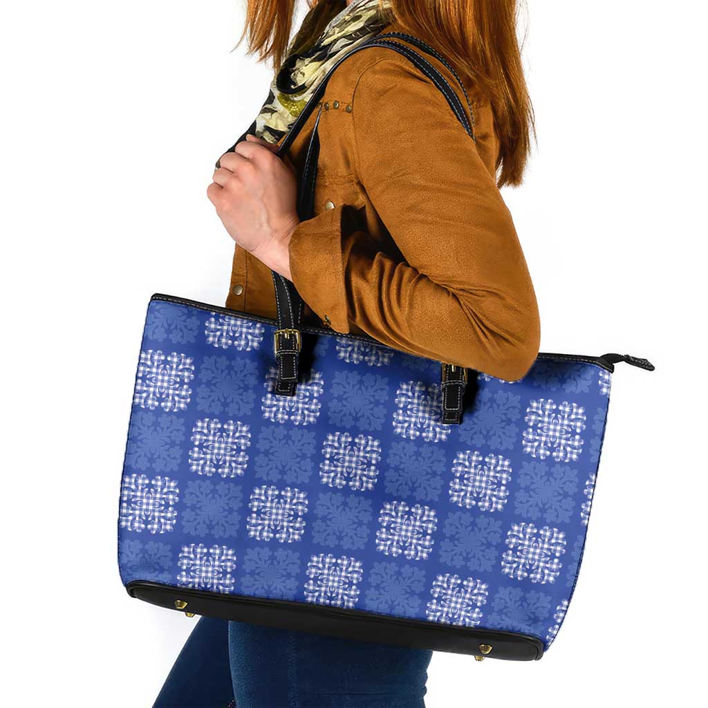 Royal Blue Palaka Quilt Hawaii Leather Tote Bag Traditional Hawaii-plaid Pattern - Polynesian Pride