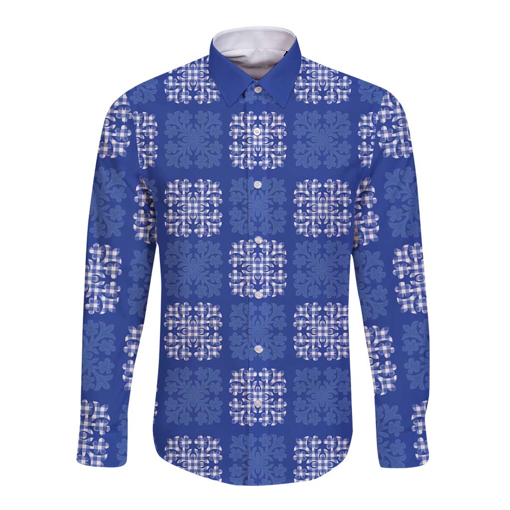 Royal Blue Palaka Quilt Hawaii Long Sleeve Button Shirt Traditional Hawaii-plaid Pattern - Polynesian Pride