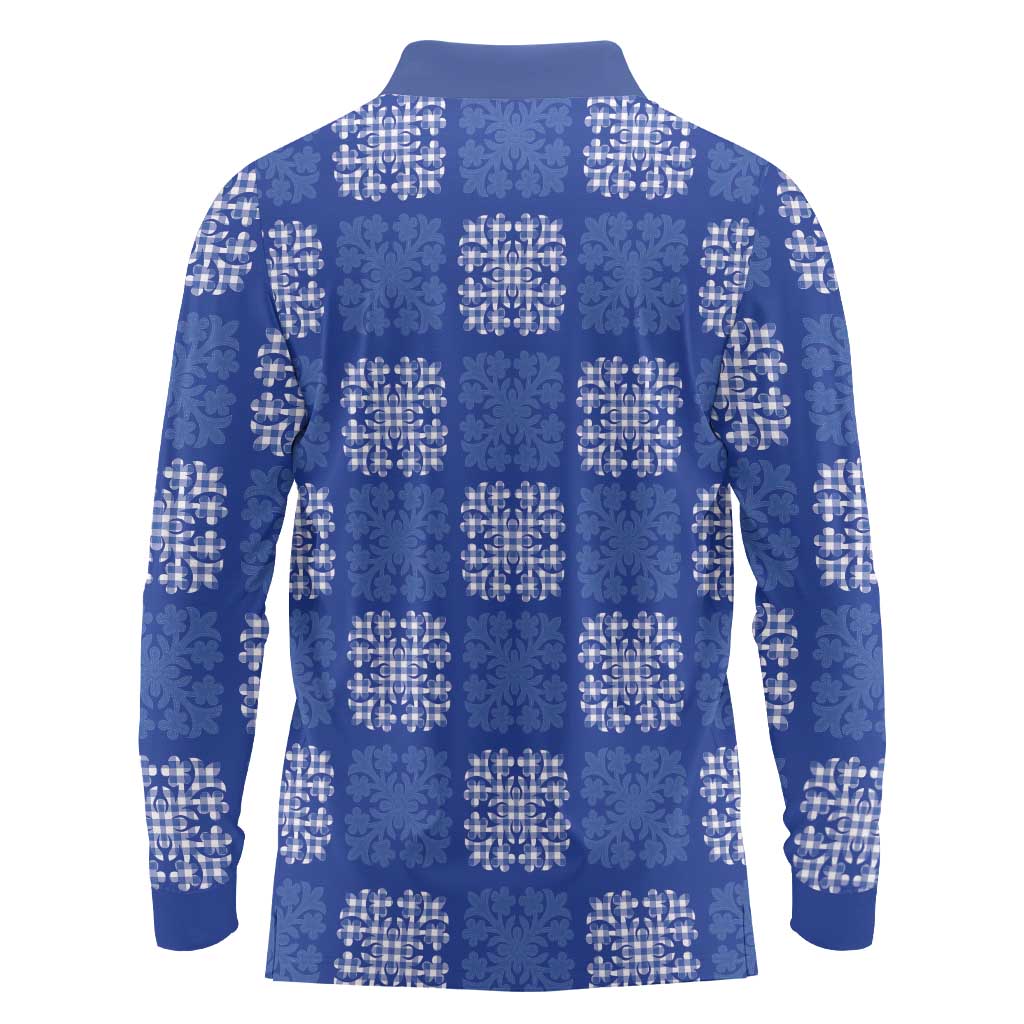 Royal Blue Palaka Quilt Hawaii Long Sleeve Polo Shirt Traditional Hawaii-plaid Pattern - Polynesian Pride