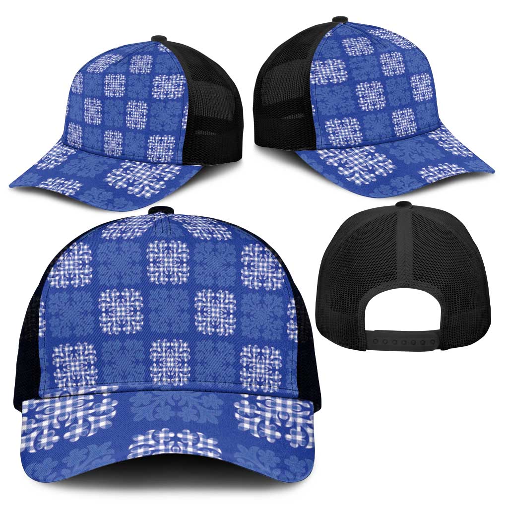Royal Blue Palaka Quilt Hawaii Mesh Trucker Cap Traditional Hawaii-plaid Pattern - Polynesian Pride