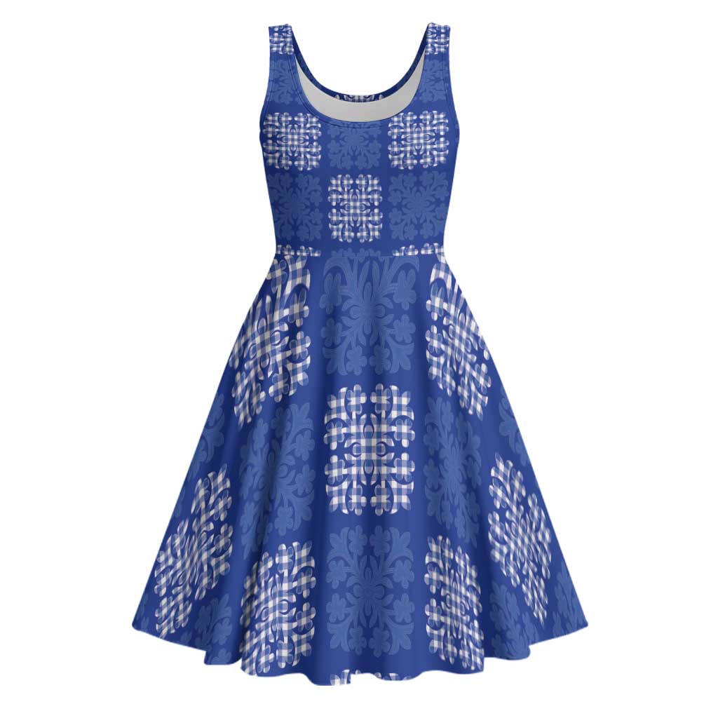 royal blue and white midi dress Royal Blue Palaka Quilt Hawaii Midi Dress Traditional Hawaii-plaid Pattern