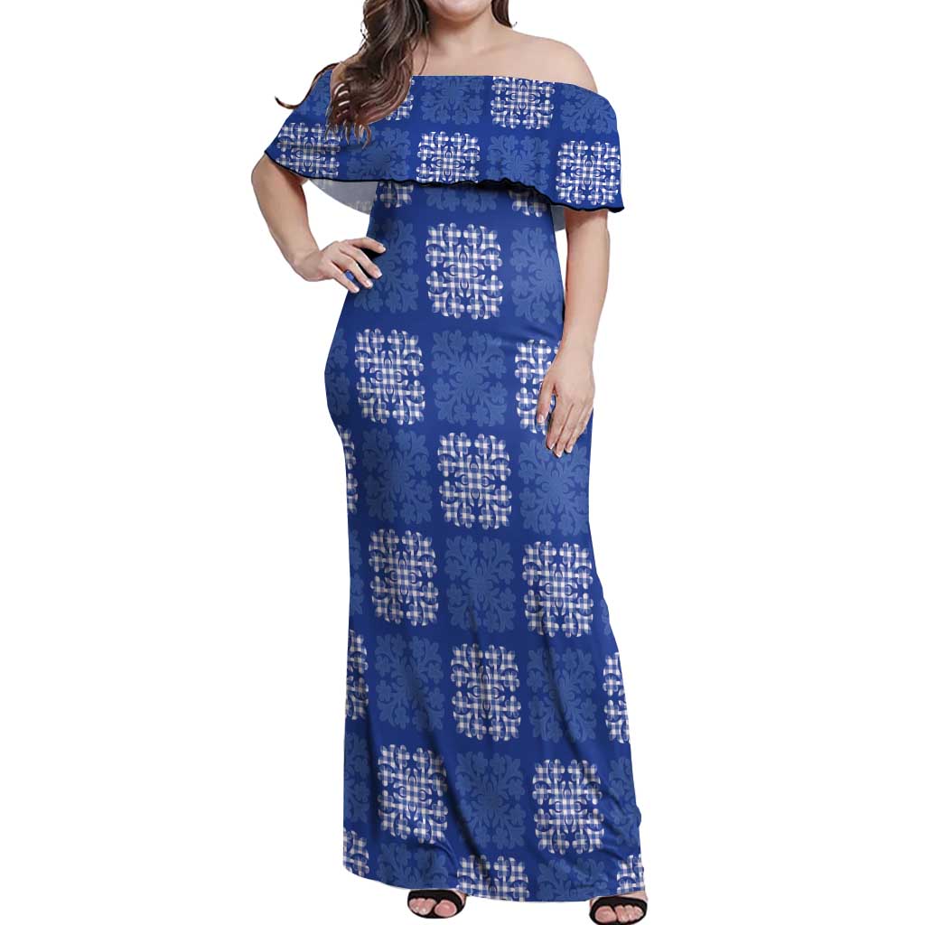 Royal Blue Palaka Quilt Hawaii Off Shoulder Maxi Dress Traditional Hawaii-plaid Pattern - Polynesian Pride