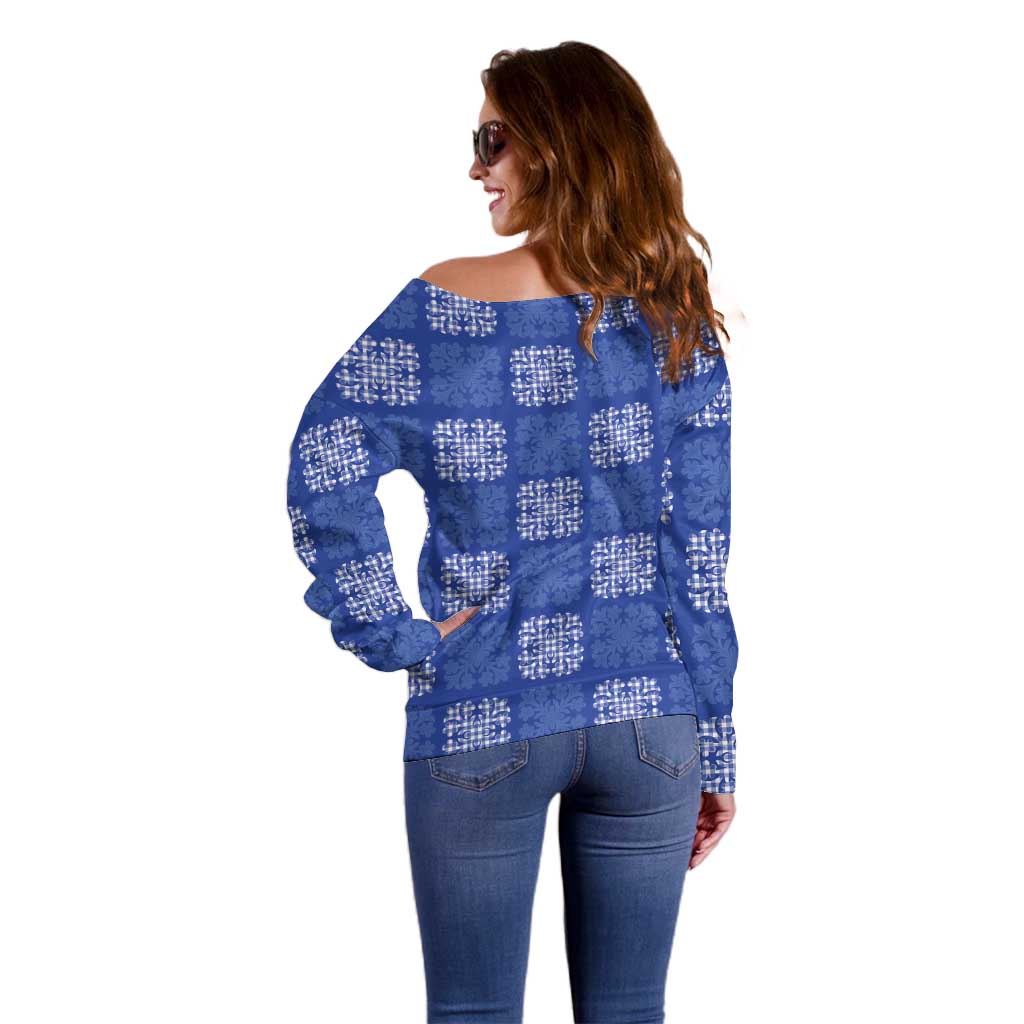 Royal Blue Palaka Quilt Hawaii Off Shoulder Sweater Traditional Hawaii-plaid Pattern - Polynesian Pride