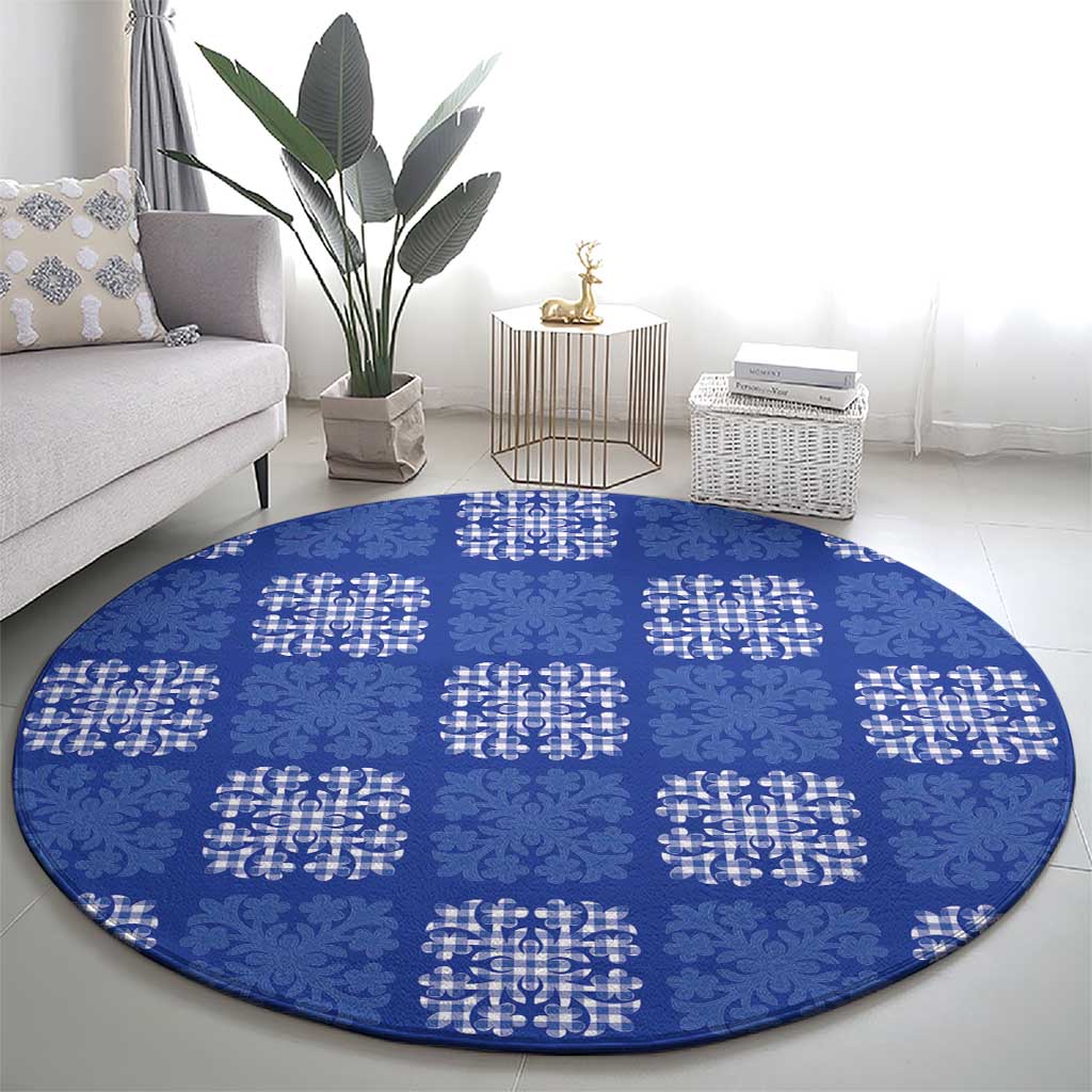 Royal Blue Palaka Quilt Hawaii Round Carpet Traditional Hawaii-plaid Pattern - Polynesian Pride