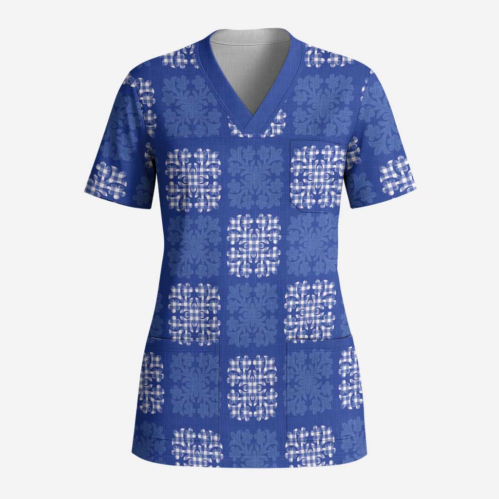 Royal Blue Palaka Quilt Hawaii Scrub Top Traditional Hawaii-plaid Pattern - Polynesian Pride