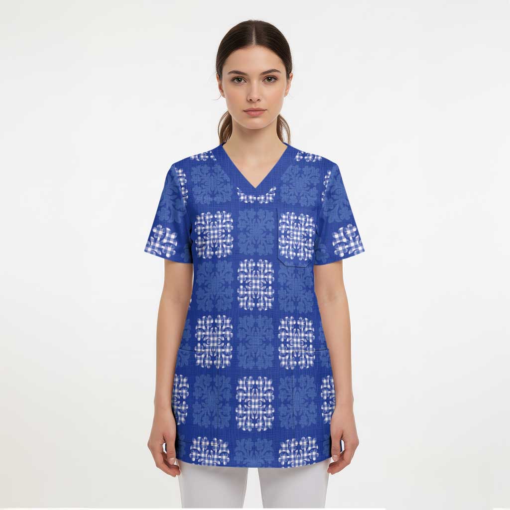 Royal Blue Palaka Quilt Hawaii Scrub Top Traditional Hawaii-plaid Pattern - Polynesian Pride