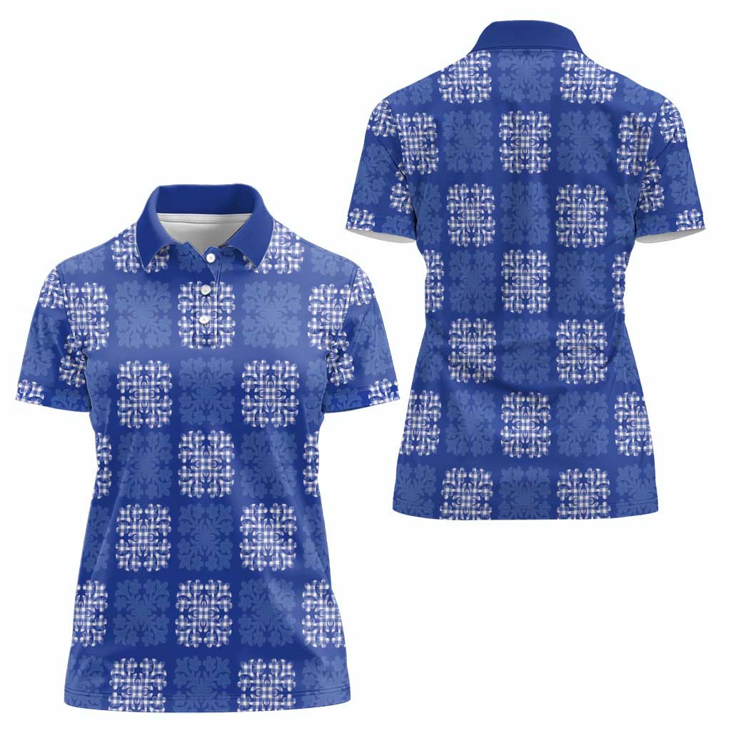 Royal Blue Palaka Quilt Hawaii Women Polo Shirt Traditional Hawaii-plaid Pattern - Polynesian Pride