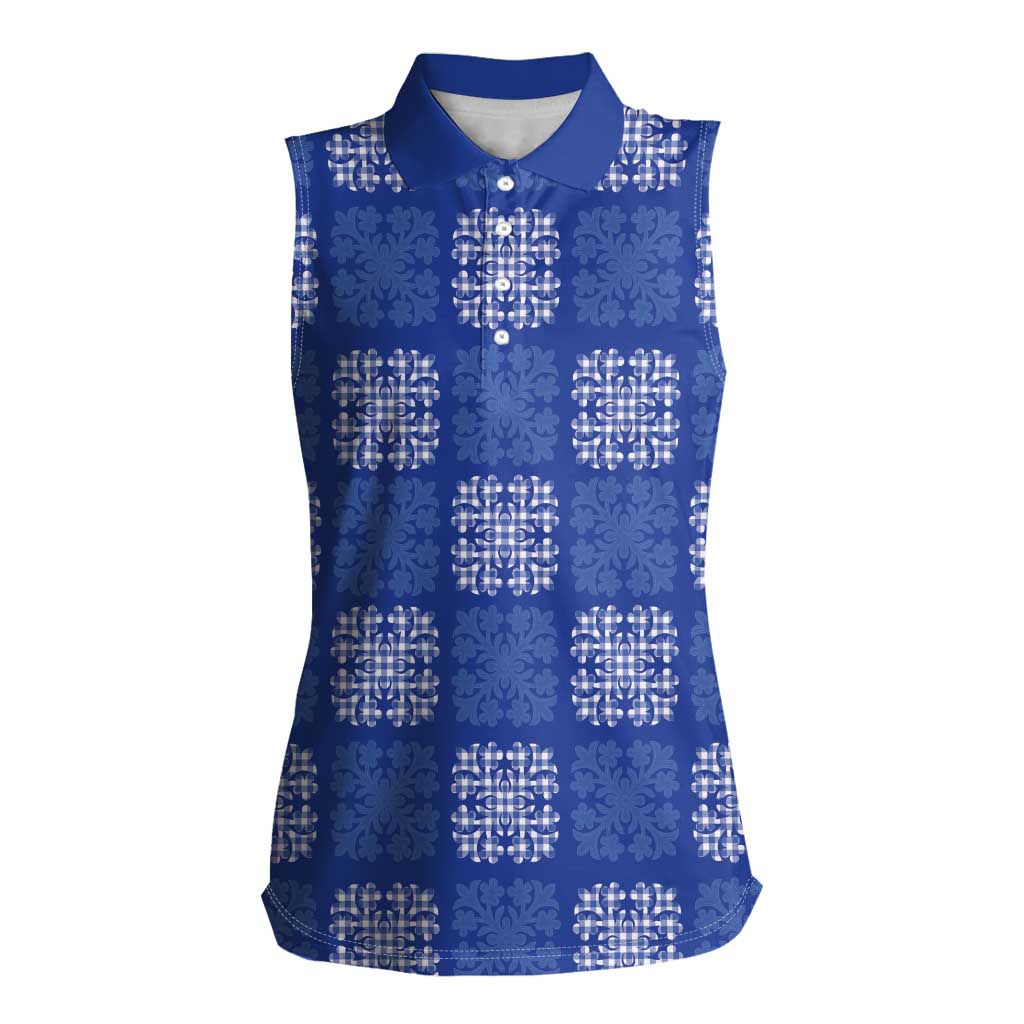Royal Blue Palaka Quilt Hawaii Women Sleeveless Polo Shirt Traditional Hawaii-plaid Pattern - Polynesian Pride