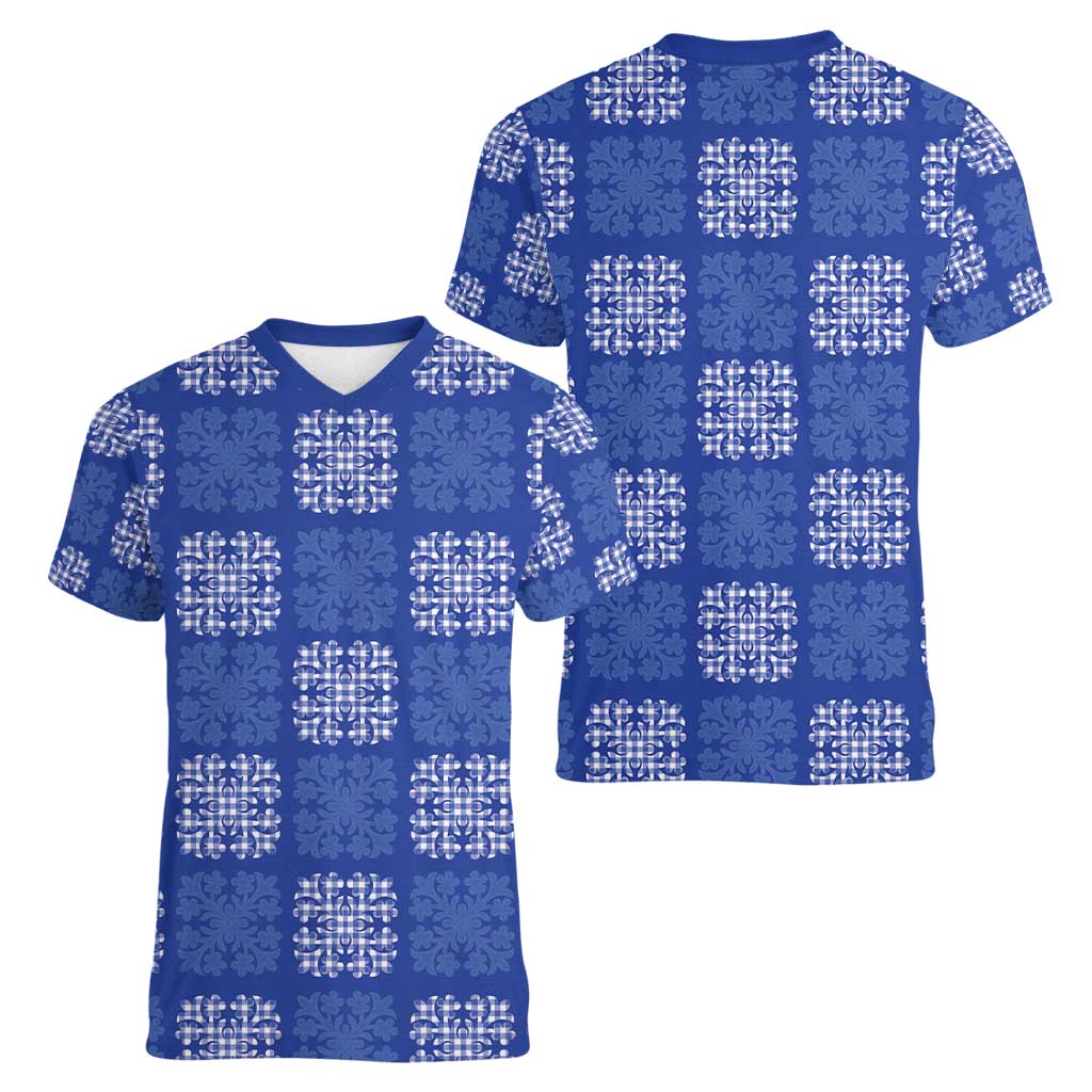 Royal Blue Palaka Quilt Hawaii Women V-Neck T-Shirt Traditional Hawaii-plaid Pattern - Polynesian Pride