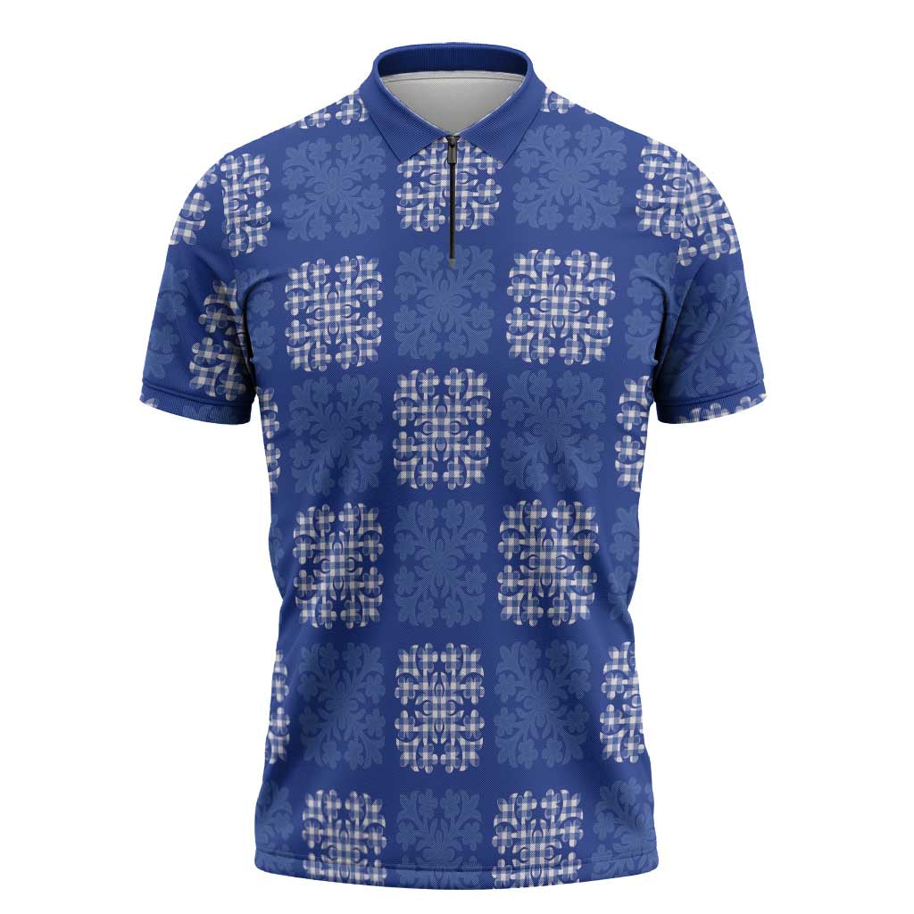Royal Blue Palaka Quilt Hawaii Zipper Polo Shirt Traditional Hawaii-plaid Pattern - Polynesian Pride