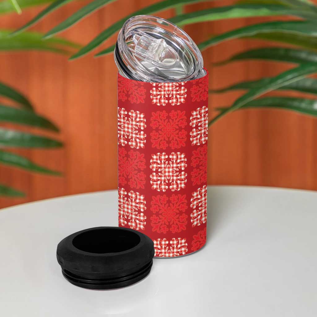Red Palaka Quilt Hawaii 4 in 1 Can Cooler Tumbler Traditional Hawaii-plaid Pattern - Polynesian Pride