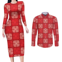 Red Palaka Quilt Hawaii Couples Matching Long Sleeve Bodycon Dress and Long Sleeve Button Shirt Traditional Hawaii-plaid Pattern - Polynesian Pride