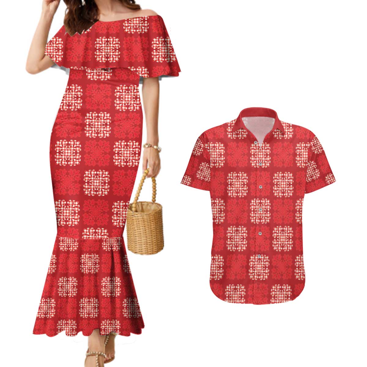 Red Palaka Quilt Hawaii Couples Matching Mermaid Dress and Hawaiian Shirt Traditional Hawaii-plaid Pattern - Polynesian Pride