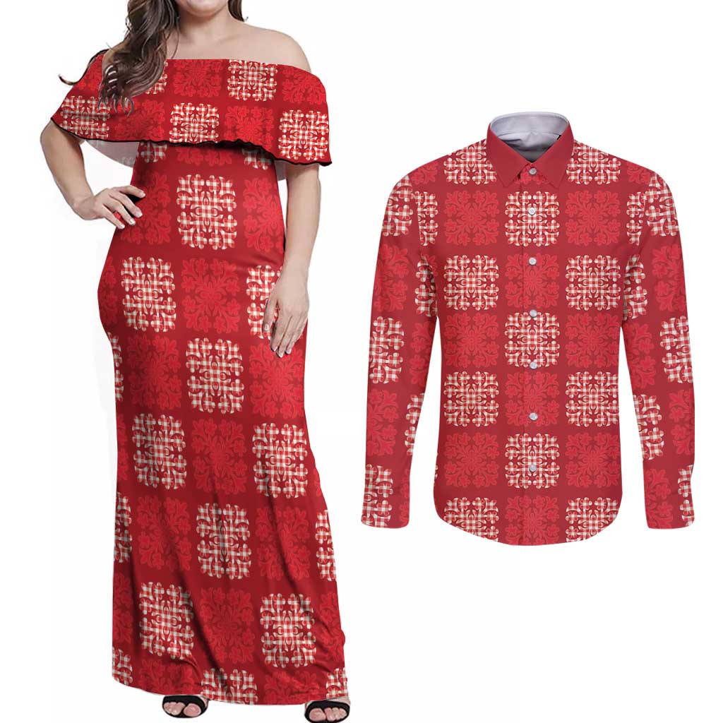 Red Palaka Quilt Hawaii Couples Matching Off Shoulder Maxi Dress and Long Sleeve Button Shirt Traditional Hawaii-plaid Pattern - Polynesian Pride