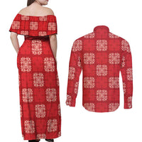 Red Palaka Quilt Hawaii Couples Matching Off Shoulder Maxi Dress and Long Sleeve Button Shirt Traditional Hawaii-plaid Pattern - Polynesian Pride