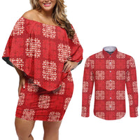 Red Palaka Quilt Hawaii Couples Matching Off Shoulder Short Dress and Long Sleeve Button Shirt Traditional Hawaii-plaid Pattern - Polynesian Pride