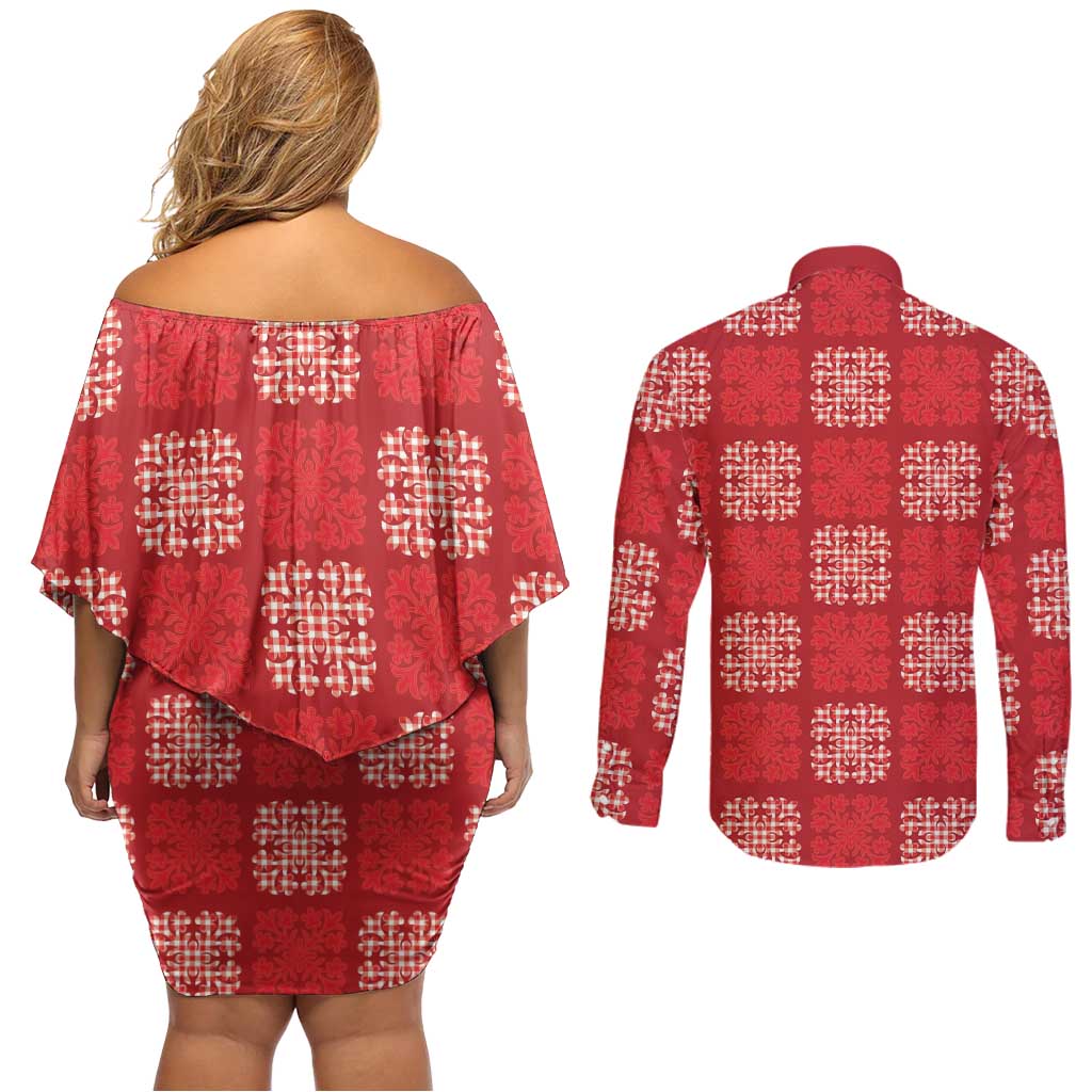 Red Palaka Quilt Hawaii Couples Matching Off Shoulder Short Dress and Long Sleeve Button Shirt Traditional Hawaii-plaid Pattern - Polynesian Pride