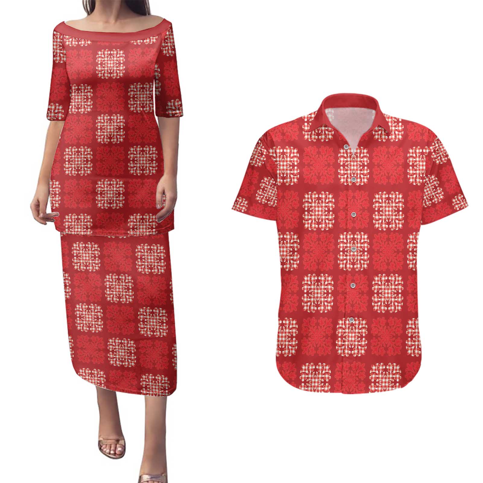 Red Palaka Quilt Hawaii Couples Matching Puletasi and Hawaiian Shirt Traditional Hawaii-plaid Pattern - Polynesian Pride