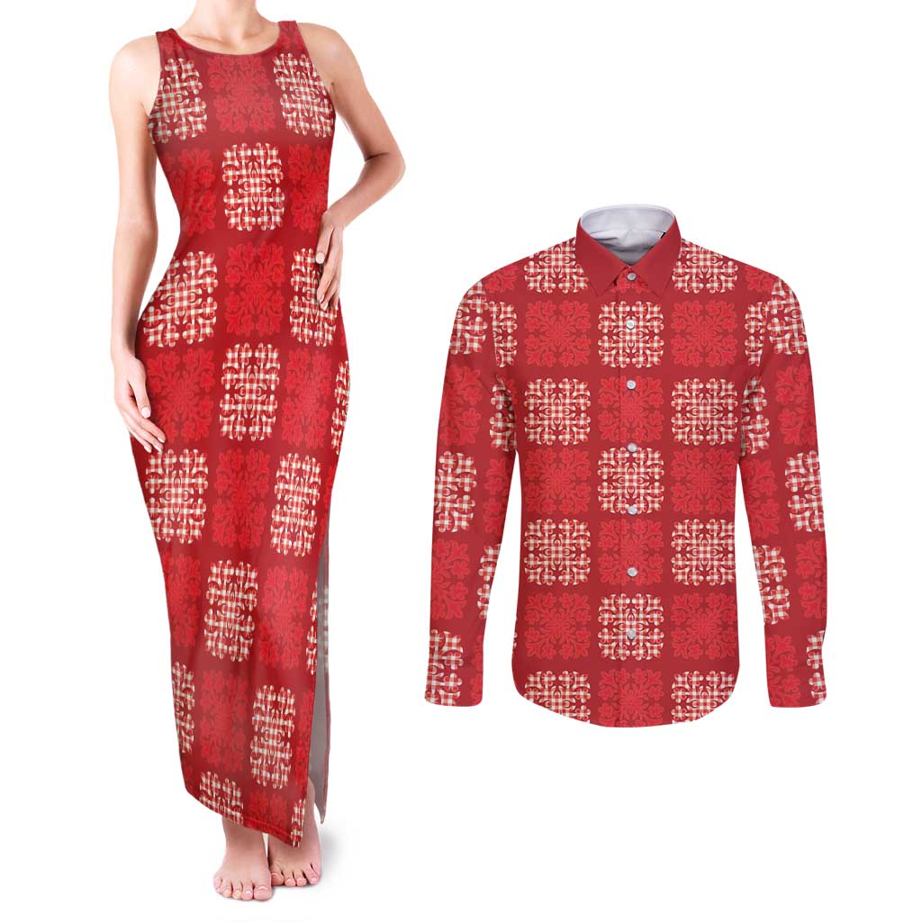 Red Palaka Quilt Hawaii Couples Matching Tank Maxi Dress and Long Sleeve Button Shirt Traditional Hawaii-plaid Pattern - Polynesian Pride
