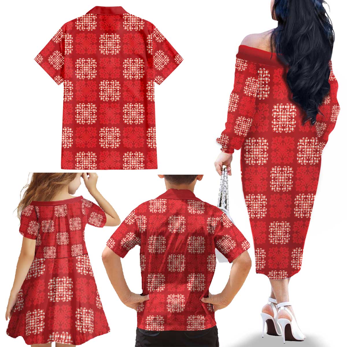 Red Palaka Quilt Hawaii Family Matching Off The Shoulder Long Sleeve Dress and Hawaiian Shirt Traditional Hawaii-plaid Pattern - Polynesian Pride