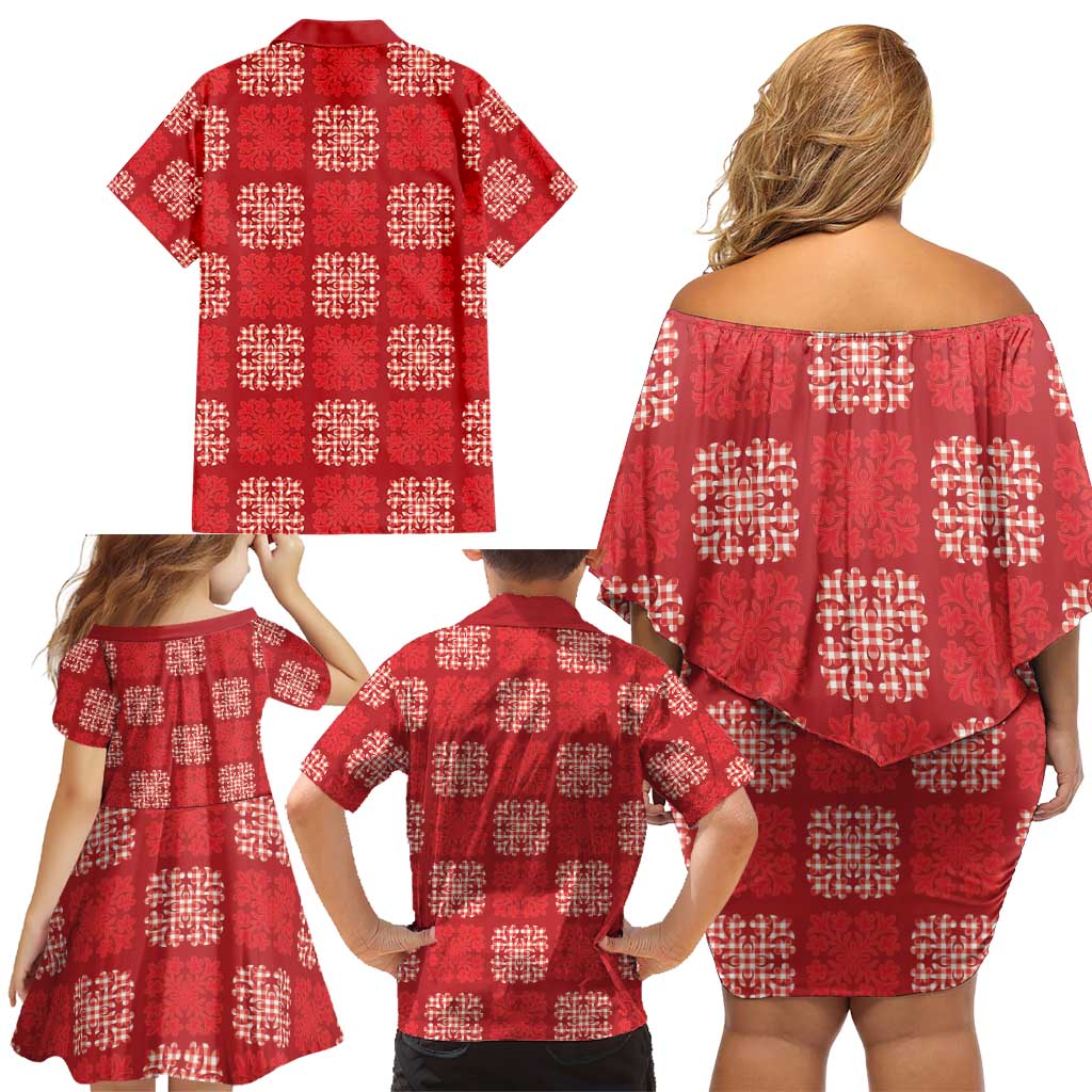 Red Palaka Quilt Hawaii Family Matching Off Shoulder Short Dress and Hawaiian Shirt Traditional Hawaii-plaid Pattern - Polynesian Pride