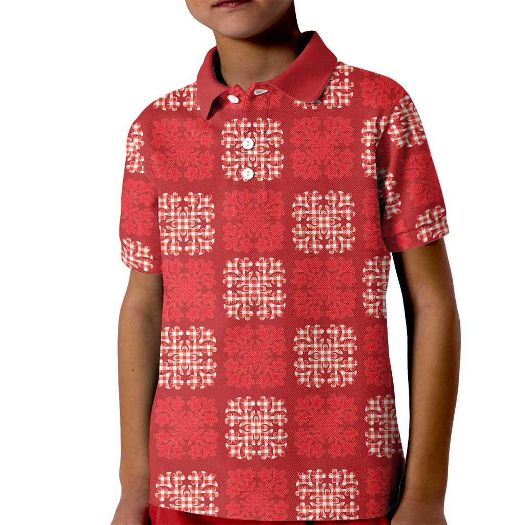 Red Palaka Quilt Hawaii Kid Polo Shirt Traditional Hawaii-plaid Pattern - Polynesian Pride