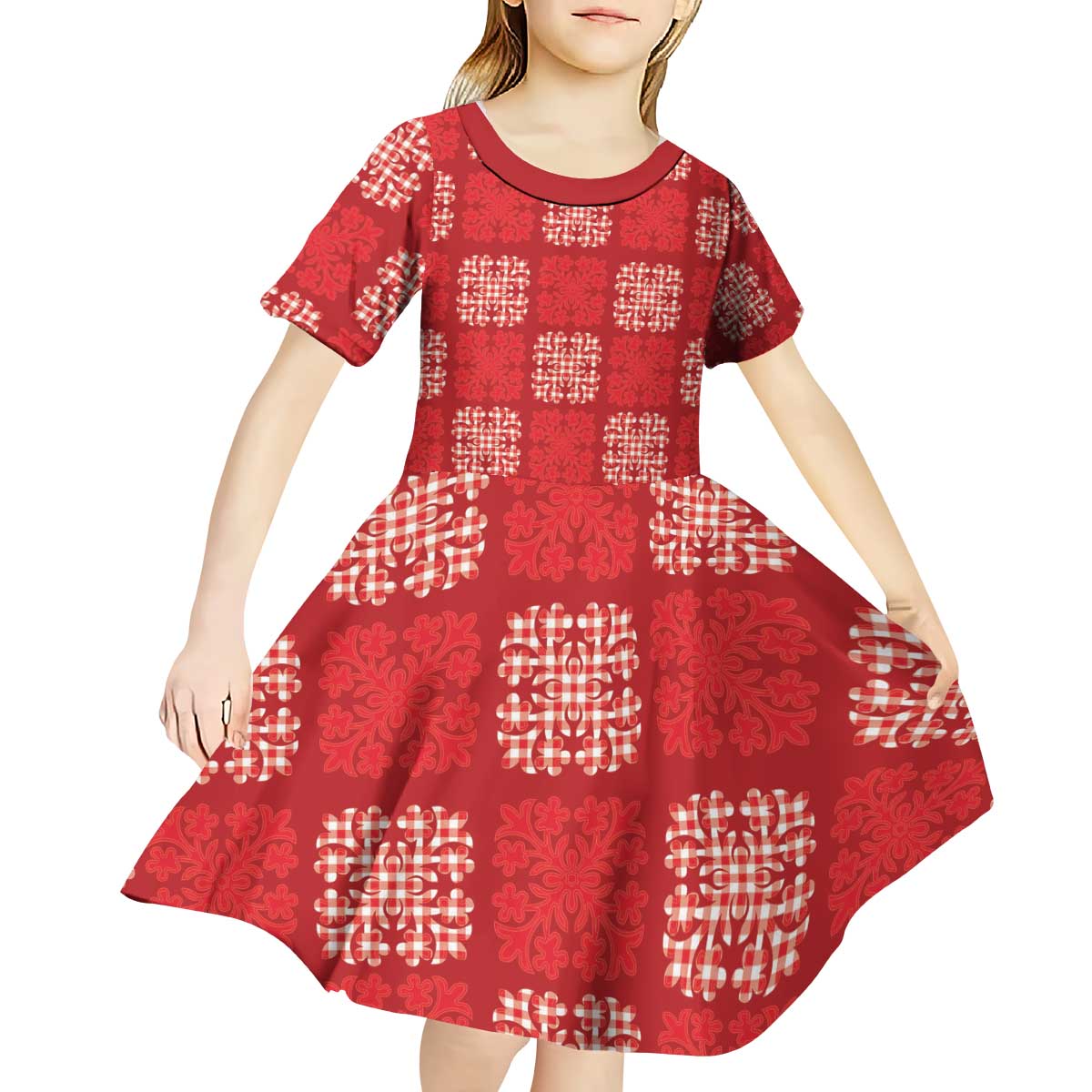 Red Palaka Quilt Hawaii Kid Short Sleeve Dress Traditional Hawaii-plaid Pattern - Polynesian Pride