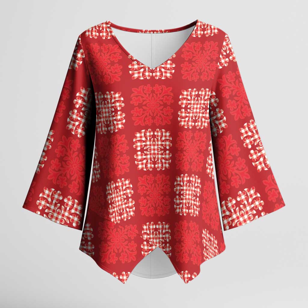 Red Palaka Quilt Hawaii Kimono Sleeve Blouse Traditional Hawaii-plaid Pattern - Polynesian Pride