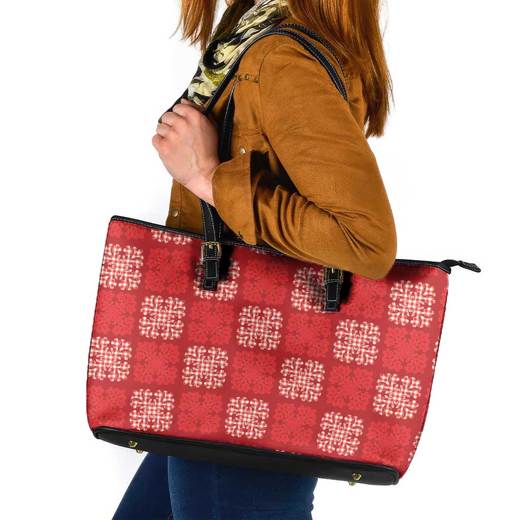 Red Palaka Quilt Hawaii Leather Tote Bag Traditional Hawaii-plaid Pattern - Polynesian Pride