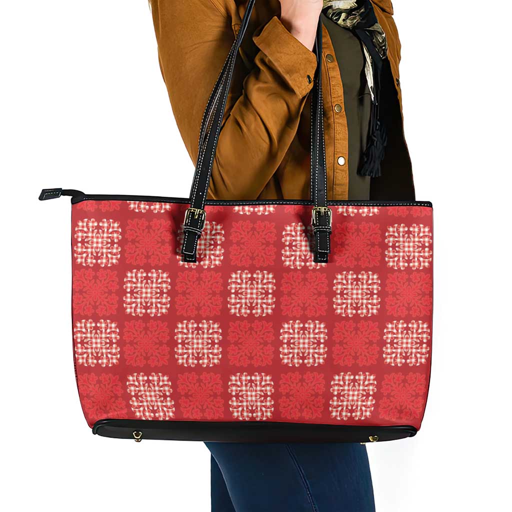 Red Palaka Quilt Hawaii Leather Tote Bag Traditional Hawaii-plaid Pattern - Polynesian Pride