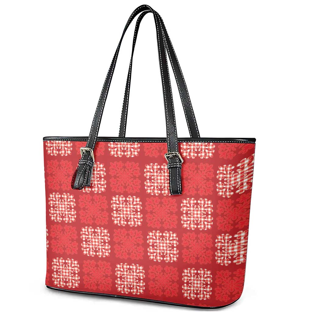 Red Palaka Quilt Hawaii Leather Tote Bag Traditional Hawaii-plaid Pattern - Polynesian Pride