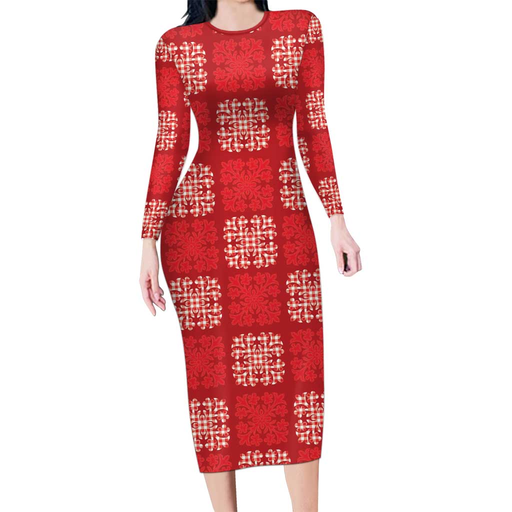 Red Palaka Quilt Hawaii Long Sleeve Bodycon Dress Traditional Hawaii-plaid Pattern - Polynesian Pride