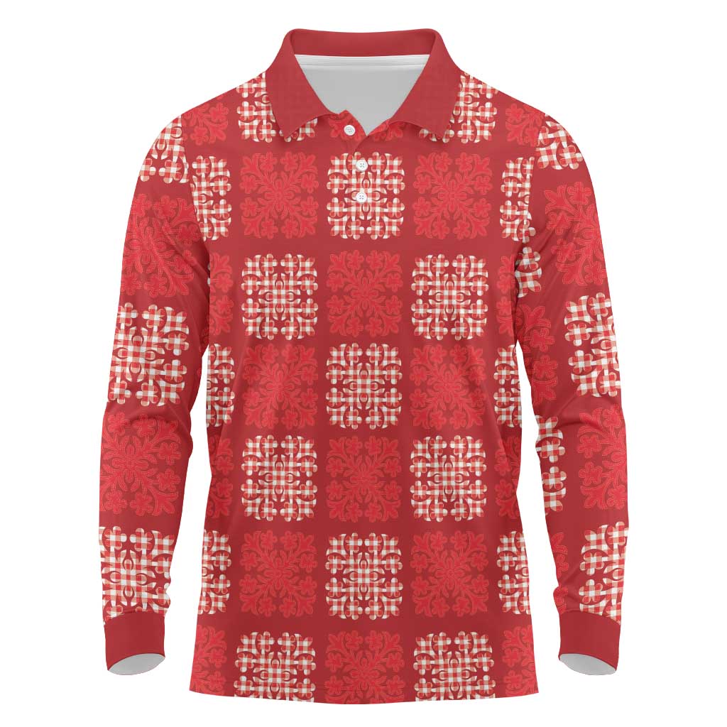 Red Palaka Quilt Hawaii Long Sleeve Polo Shirt Traditional Hawaii-plaid Pattern - Polynesian Pride