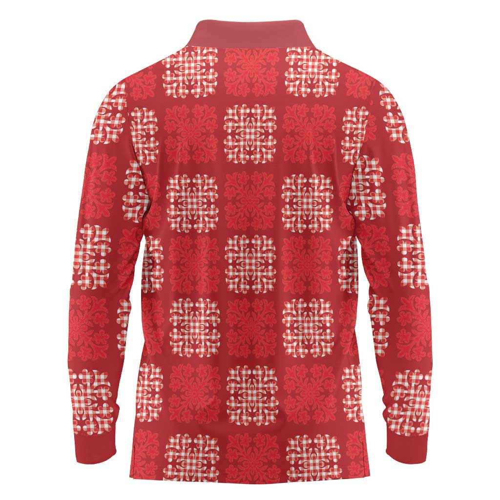 Red Palaka Quilt Hawaii Long Sleeve Polo Shirt Traditional Hawaii-plaid Pattern - Polynesian Pride