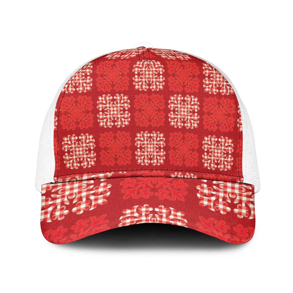 Red Palaka Quilt Hawaii Mesh Trucker Cap Traditional Hawaii-plaid Pattern - Polynesian Pride