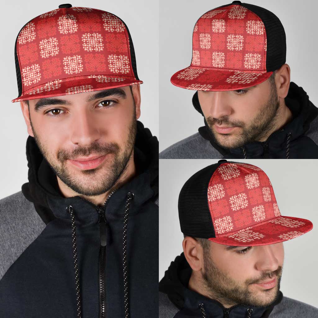 Red Palaka Quilt Hawaii Mesh Trucker Cap Traditional Hawaii-plaid Pattern - Polynesian Pride