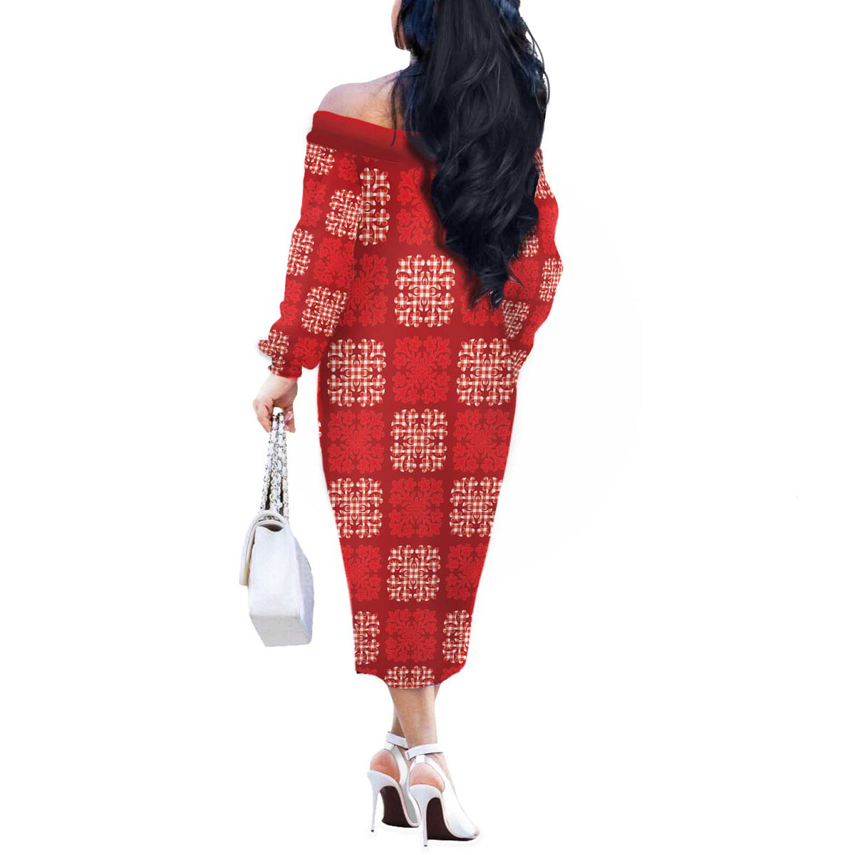 Red Palaka Quilt Hawaii Off The Shoulder Long Sleeve Dress Traditional Hawaii-plaid Pattern - Polynesian Pride