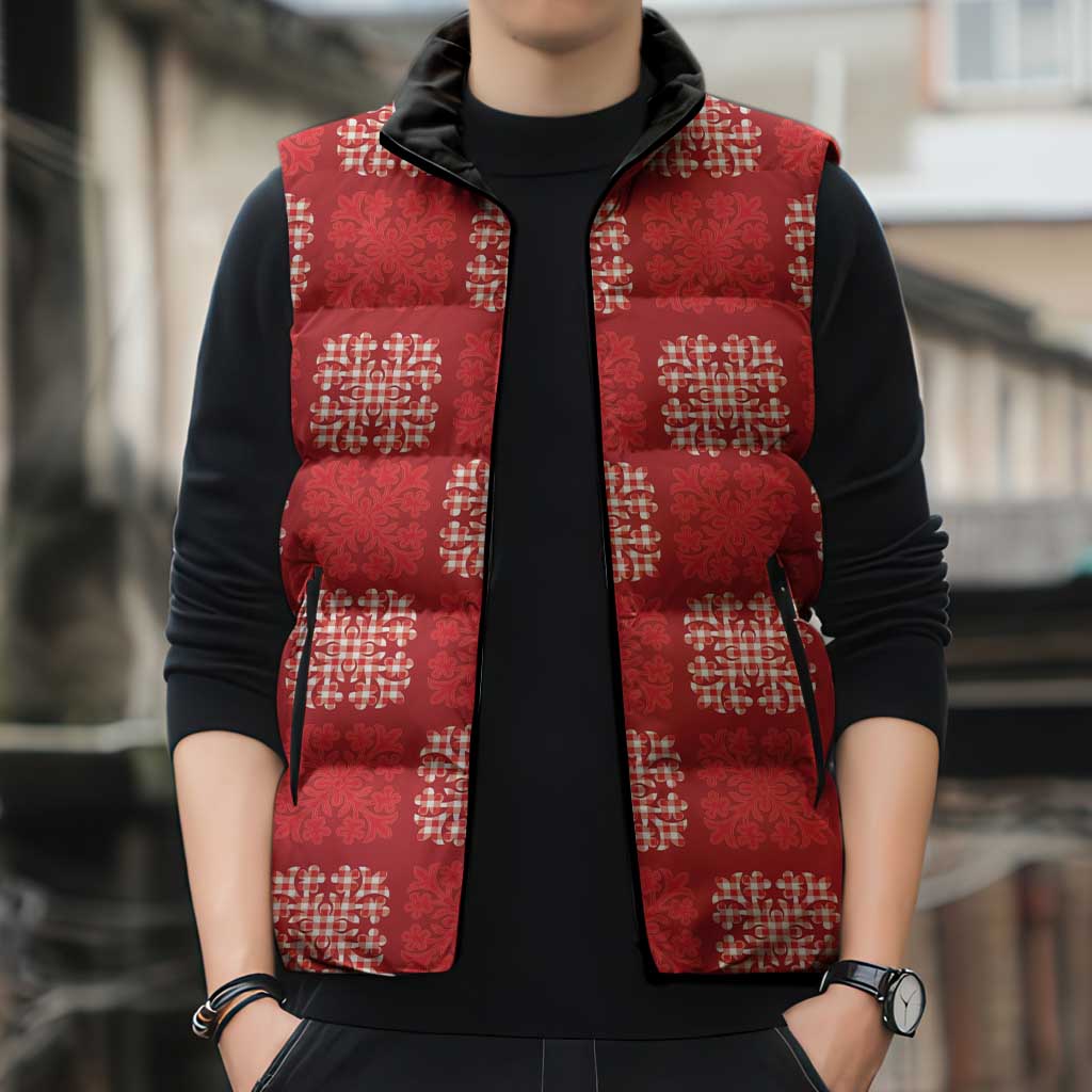 Red Palaka Quilt Hawaii Sleeveless Puffer Jacket Traditional Hawaii-plaid Pattern - Polynesian Pride