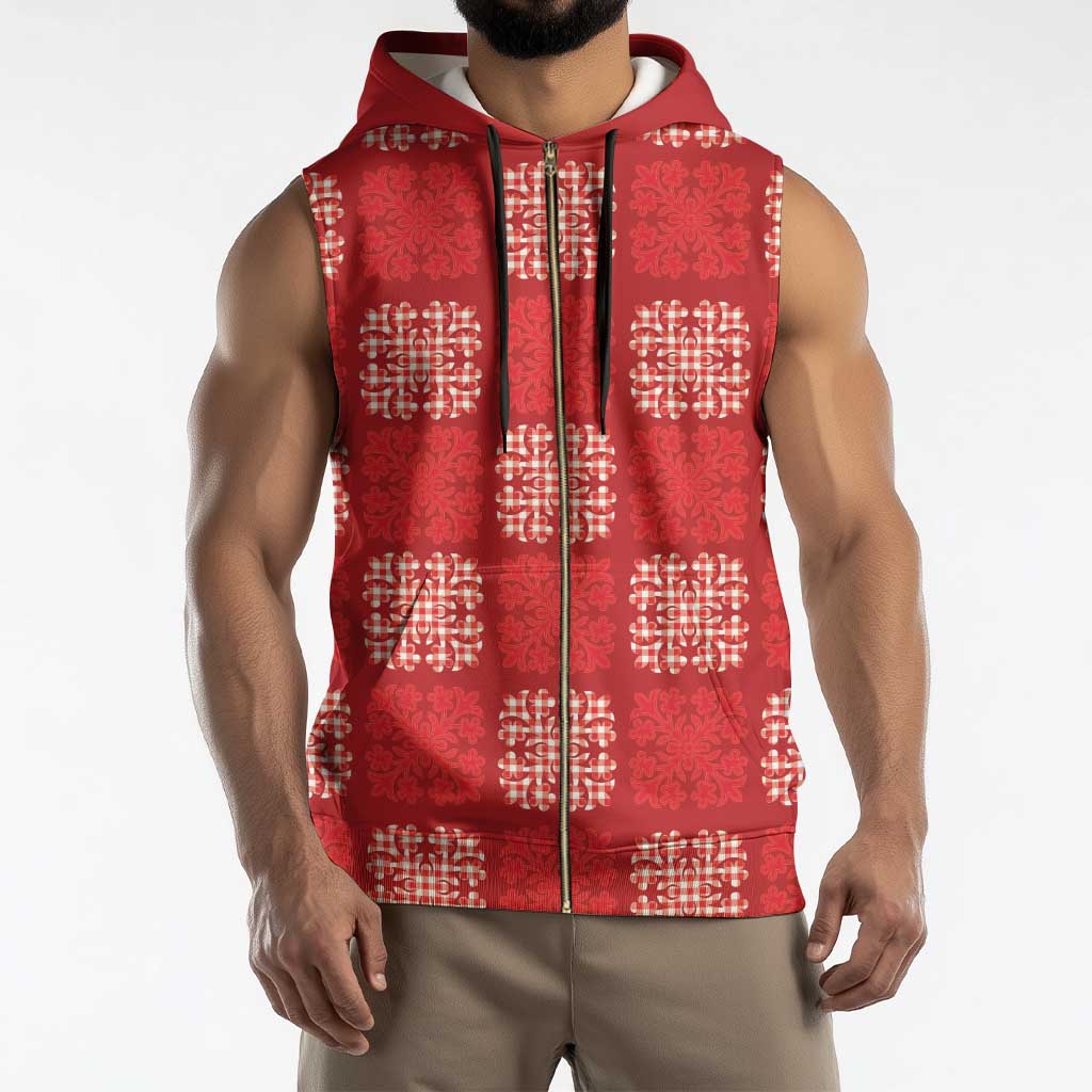 Red Palaka Quilt Hawaii Sleeveless Zip Hoodie Traditional Hawaii-plaid Pattern - Polynesian Pride