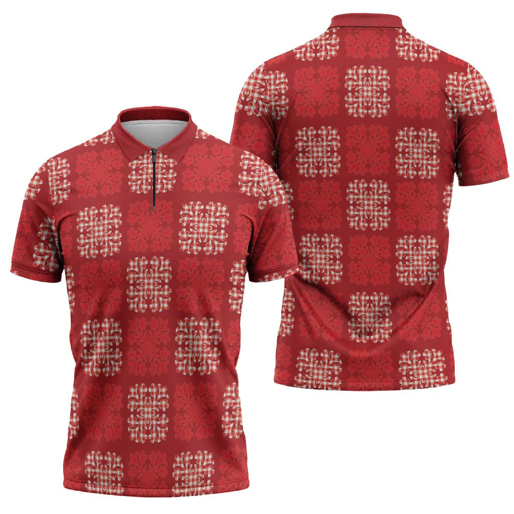 Red Palaka Quilt Hawaii Zipper Polo Shirt Traditional Hawaii-plaid Pattern - Polynesian Pride