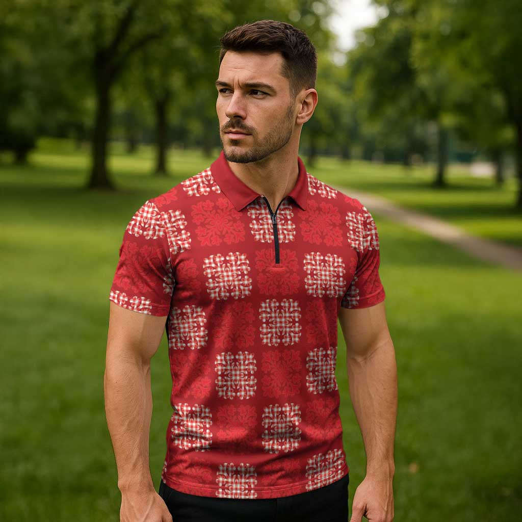 Red Palaka Quilt Hawaii Zipper Polo Shirt Traditional Hawaii-plaid Pattern - Polynesian Pride