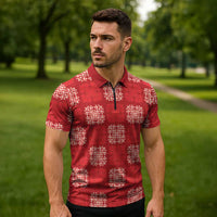 Red Palaka Quilt Hawaii Zipper Polo Shirt Traditional Hawaii-plaid Pattern - Polynesian Pride