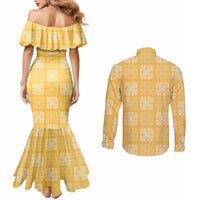 Yellow Palaka Quilt Hawaii Couples Matching Mermaid Dress and Long Sleeve Button Shirt Traditional Hawaii-plaid Pattern - Polynesian Pride