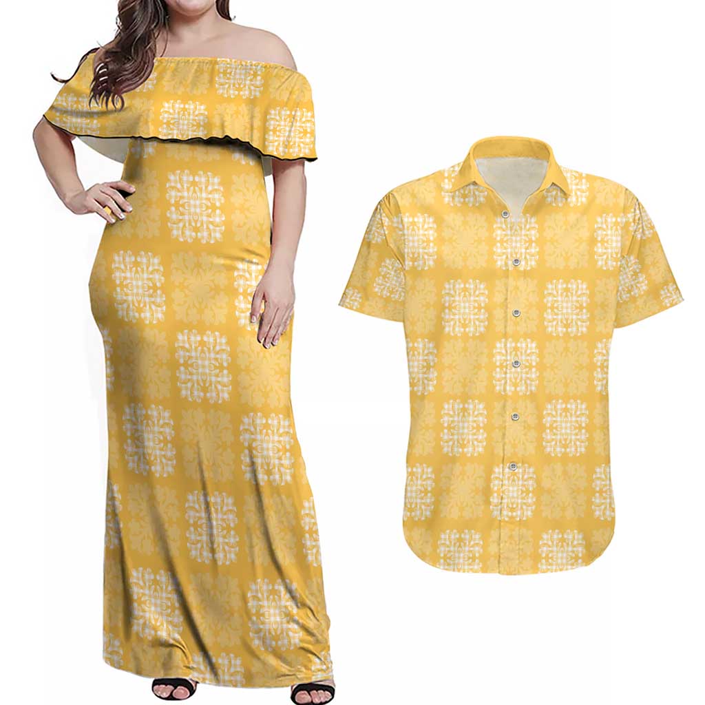 Yellow Palaka Quilt Hawaii Couples Matching Off Shoulder Maxi Dress and Hawaiian Shirt Traditional Hawaii-plaid Pattern - Polynesian Pride